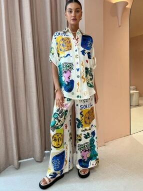 Commense White Multicolor Wide-Leg Printed Palazzo Pants